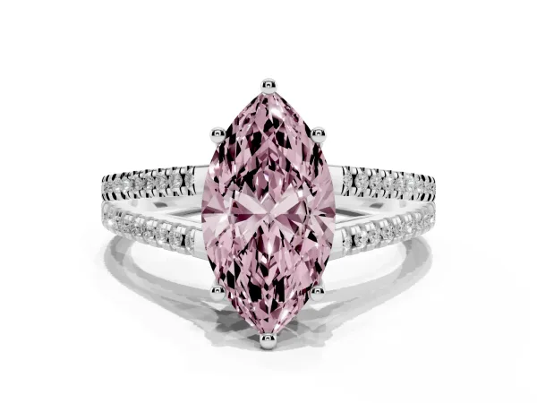 Fancy Pink Marquise Cut Diamond Solitaire Engagement Ring with Split Shank Pavé Band Platinum