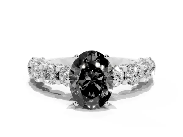 Fancy Black Oval Cut Diamond Side Stone Engagement Ring with Four-Prong Setting Platinum