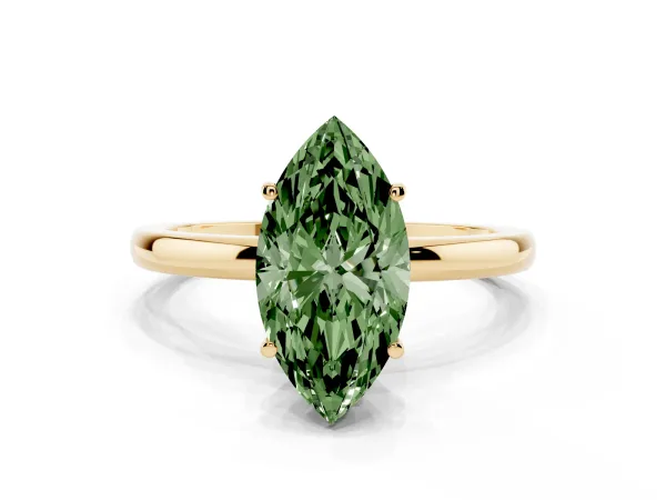 Fancy Green Marquise Cut Solitaire Diamond Ring with Prong Setting and Plain Band Yellow gold