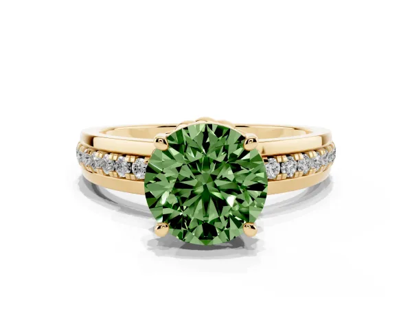 Fancy Green Round Cut Solitaire Diamond Ring with Channel Set Band and Six-Prong Setting Yellow gold