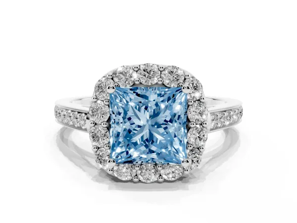 Fancy Blue Princess Cut Diamond Floral Halo Ring with Pavé Band and Prong Setting Platinum