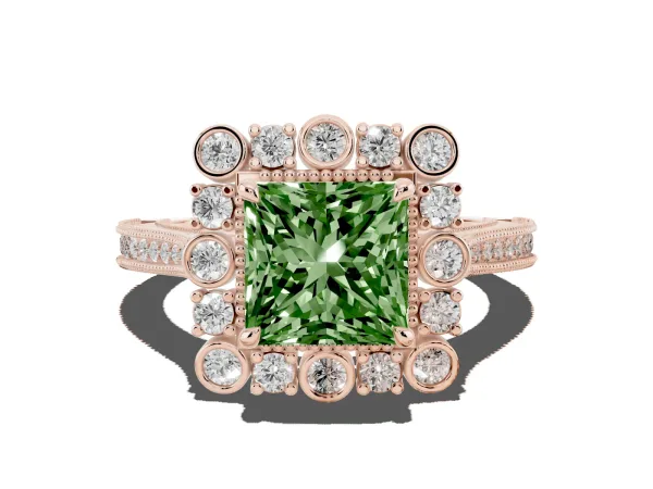 Fancy Green Princess Cut Halo Milgrain Pave Diamond Ring with Four-Prong Setting Rose gold