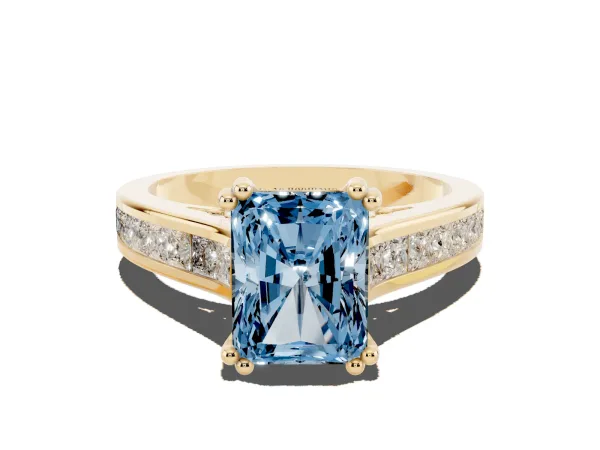 Fancy Blue Radiant Cut Cut Channel Set Solitaire Engagement Ring with Prong Setting Yellow gold