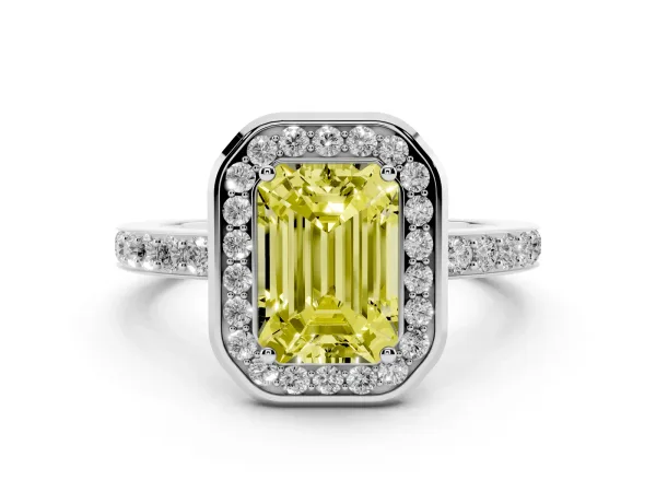 Fancy Yellow Emerald Cut Diamond Halo Ring with Bezel Frame and Pavé Band Platinum