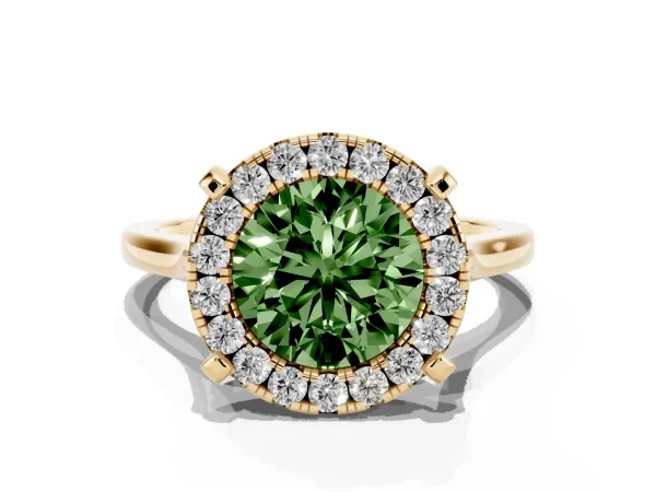 Fancy Green Round Cut Diamond Cluster Halo Solitaire with Four-Prong Setting Yellow gold