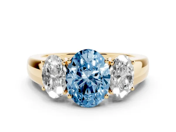 Fancy Blue Three-Stone Oval Cut Cut Diamond Ring with Prong Setting and Classic Band Yellow gold