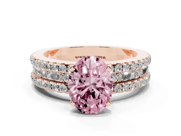 Fancy Pink Oval Cut Diamond Solitaire Ring with Pavé and Channel Set Band Rose gold