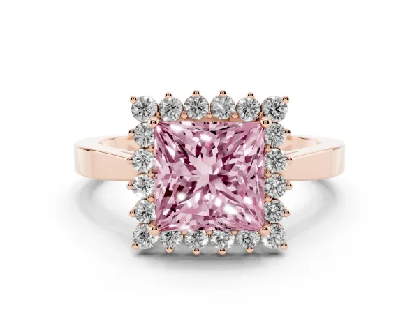 Fancy Pink Princess Cut Cut Diamond Halo Ring with Round Brilliant Halo and Solitaire Band Rose gold