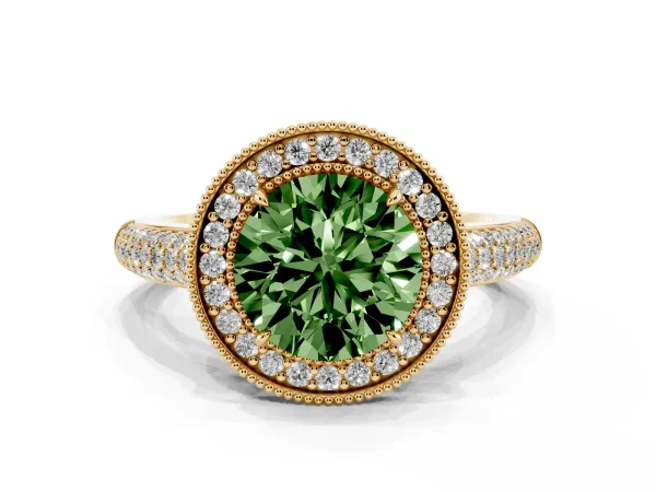 Fancy Green Round Cut Cut Halo Diamond Pave Band with Four-Prong Setting Yellow gold