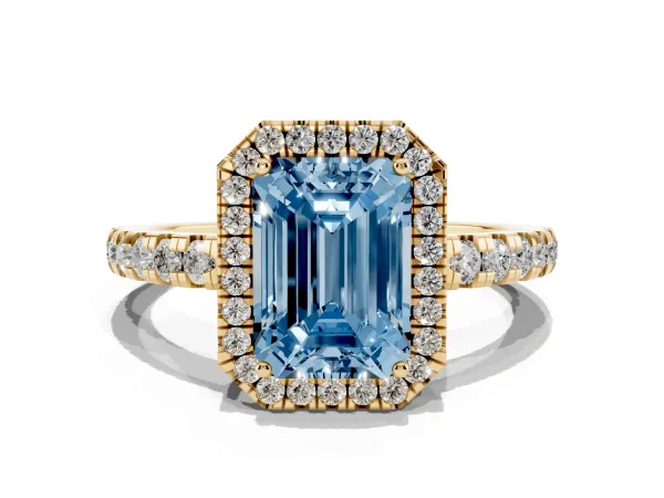 Fancy Blue Emerald Cut Diamond Halo Ring with Pavé Band and Four-Prong Setting Yellow gold