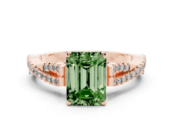 Fancy Green Emerald Cut Diamond Solitaire Engagement Ring with Twisted Pavé Band and Four-Prong Setting Rose gold