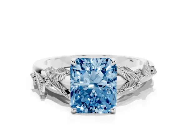 Fancy Blue Radiant Cut Diamond Solitaire Ring with Leaf Motif Band and Four-Prong Setting White gold