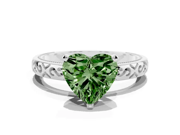 Fancy Green Heart Cut Solitaire Engagement Ring with Scrollwork Band and Four-Prong Setting White gold