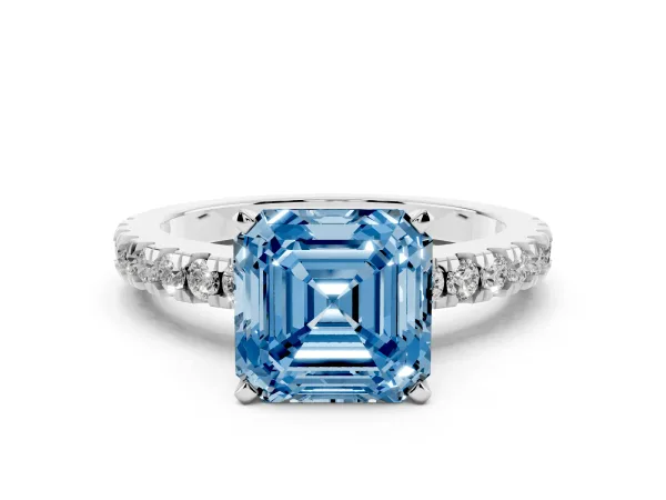 Fancy Blue Asscher Cut Solitaire Diamond with Pavé Band and Four-Prong Setting Platinum