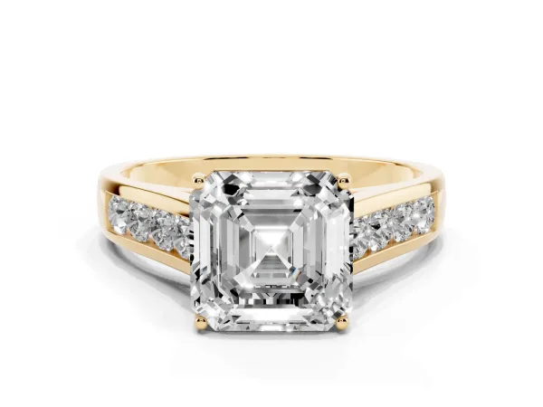 Asscher Cut Brilliant Channel-Set Solitaire Ring with Four-Prong Setting Yellow gold
