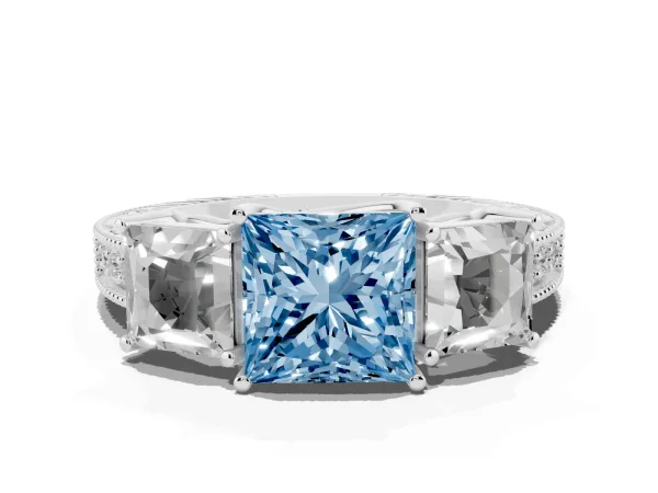 Fancy Blue Three-Stone Princess Cut Cut Milgrain Pavé Engagement Ring White gold