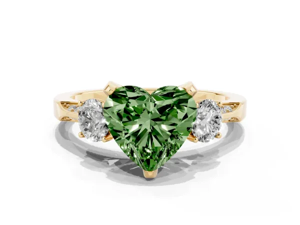 Fancy Green Heart Cut Brilliant Three-Stone Diamond Ring with Pavé Band and Four-Prong Setting Yellow gold