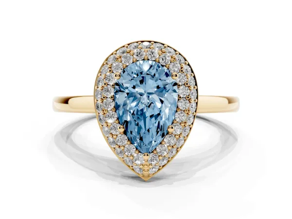 Fancy Blue Pear Cut Halo Diamond Engagement Ring with Solitaire Band and Four-Prong Setting Yellow gold