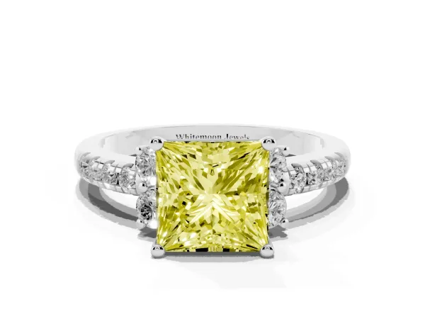 Fancy Yellow Princess Cut Diamond Three-Stone Pave Band with Four-Prong Setting Platinum