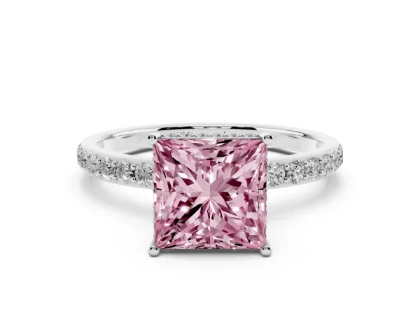 Fancy Pink Princess Cut Diamond Solitaire Ring with Pavé Band and Hidden Halo Platinum