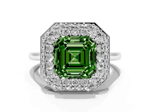 Fancy Green Asscher Cut Halo Diamond Engagement Ring with Solitaire Band and Four-Prong Setting Platinum