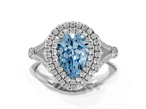 Fancy Blue Pear Cut Cut Double Halo Split Shank Diamond Ring with Prong Setting White gold