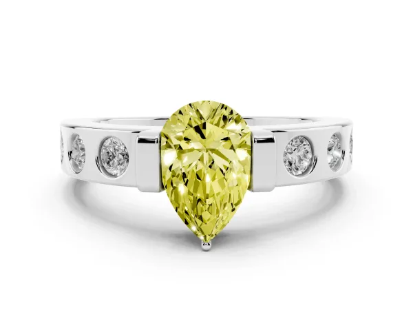 Fancy Yellow Pear Cut Brilliant Channel-Set Diamond Ring with Bezel Prong Setting Platinum