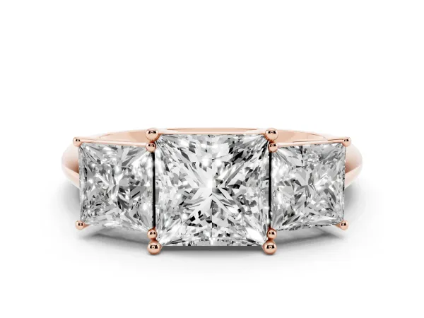 Three-Stone Princess Cut Cut Diamond Engagement Ring with Prong Setting on a White Gold Band Rose gold