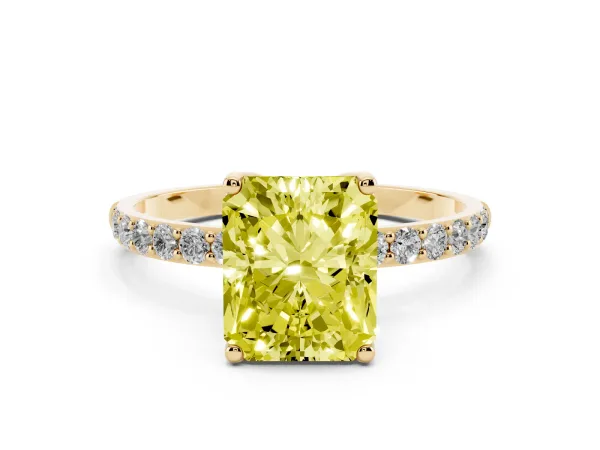 Fancy Yellow Radiant Cut Diamond Solitaire Engagement Ring with Round Pavé Band and Prong Setting Yellow gold