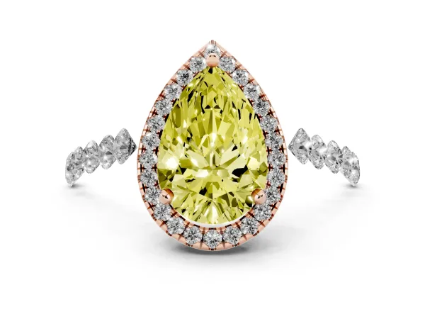 Fancy Yellow Pear Cut Halo Pavé Diamond Engagement Ring with Four-Prong Setting Rose gold