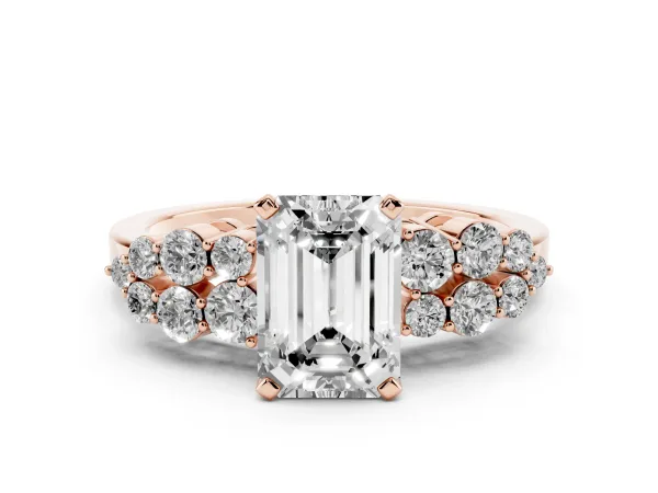 Emerald Cut Cluster Diamond Engagement Ring with Pavé Band and Four-Prong Setting Rose gold