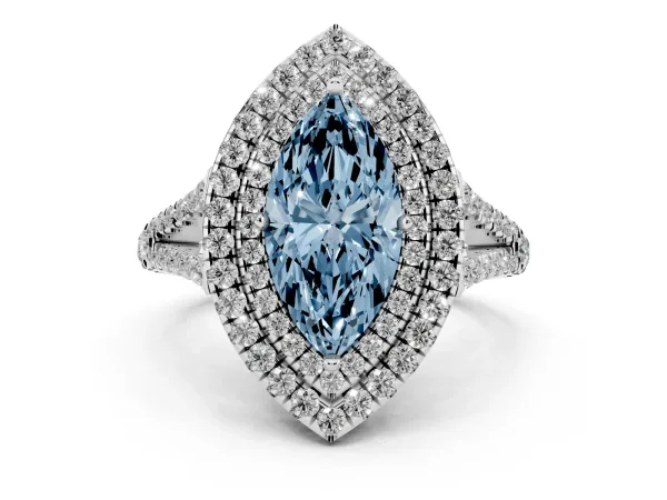 Fancy Blue Marquise Cut Diamond Double Halo Ring with Pavé Band and Prong Setting Platinum