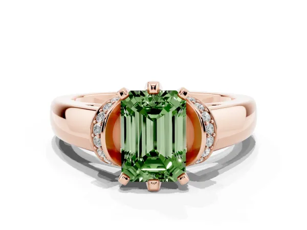 Fancy Green Emerald Cut Solitaire Diamond Ring with Pave Band and Six-Prong Setting Rose gold