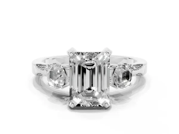 Fancy Green Emerald Cut Brilliant Three-Stone Diamond Ring with Pavé Band and Four-Prong Setting White gold