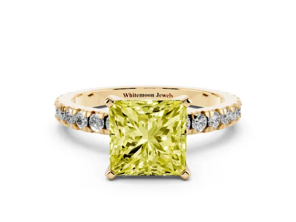 Fancy Yellow Princess Cut Diamond Pavé Band Solitaire with Four-Prong Setting Yellow gold