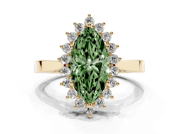 Fancy Green Marquise Cut Cut Diamond Halo Ring with Round Brilliant Halo and Solitaire Band Yellow gold