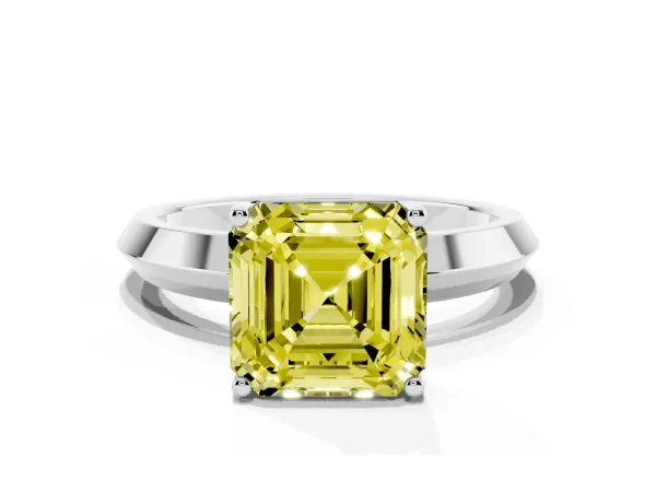 Fancy Yellow Asscher Cut Cut Solitaire Engagement Ring with Flat Band and Four-Prong Setting Platinum