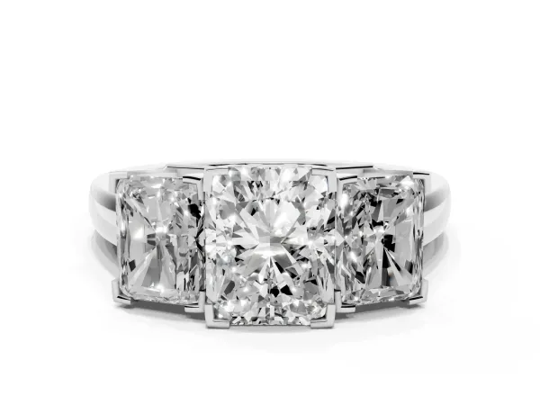 Three-Stone Radiant Cut Cut Diamond Ring with Channel Set Band and Four-Prong Setting Platinum