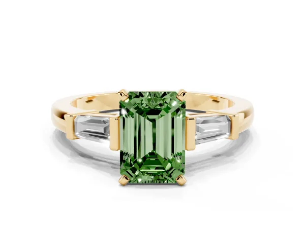 Fancy Green Emerald Cut Cut Diamond Solitaire Ring with Tapered Baguette Accents and Four-Prong Setting Yellow gold