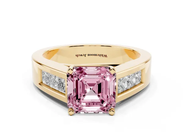 Fancy Pink Asscher Cut Cut Channel Set Solitaire Ring with Four-Prong Setting Yellow gold
