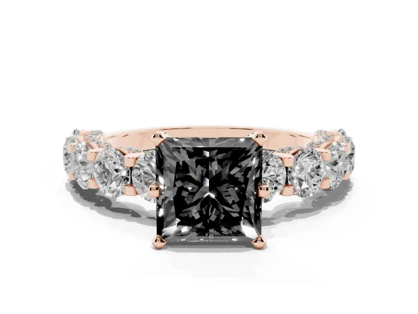 Fancy Black Princess Cut Diamond Side Stone Engagement Ring with Four-Prong Setting Rose gold
