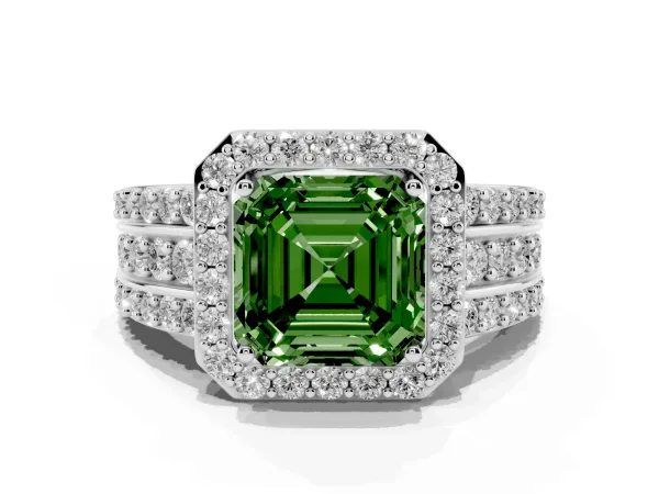 Fancy Green Asscher Cut Halo Diamond Ring with Round Split Shank and Prong Setting Platinum