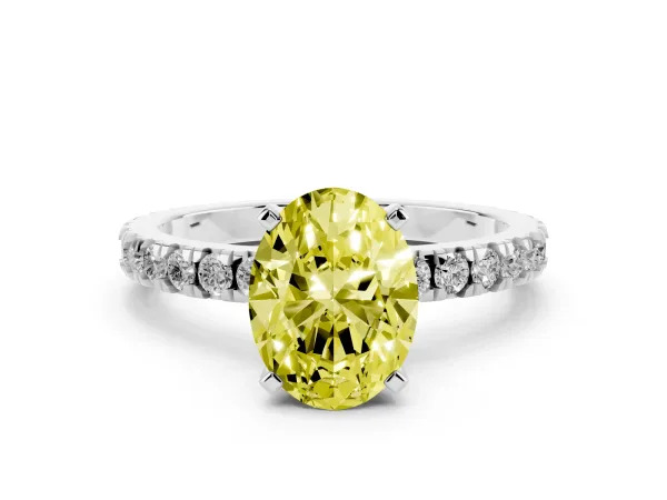 Fancy Yellow Oval Cut Diamond Pavé Band Solitaire with Four-Prong Setting White gold
