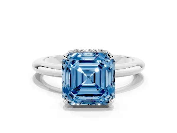 Fancy Blue Asscher Cut Brilliant Solitaire Engagement Ring with Six-Prong Setting and Classic Band Platinum