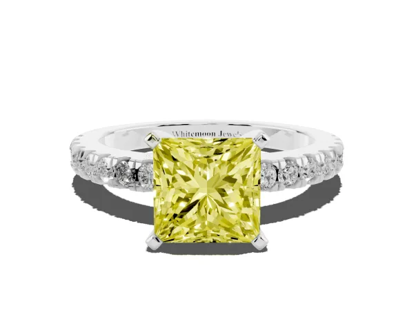 Fancy Yellow Princess Cut Solitaire Diamond with Pavé Band and Four-Prong Setting Platinum