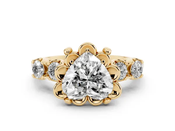 Heart Cut Cut Diamond Floral Halo Engagement Ring with Shared Prong Setting Yellow gold