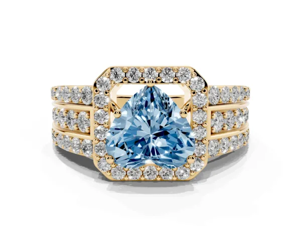 Fancy Blue Heart Cut Halo Diamond Ring with Round Split Shank and Prong Setting Yellow gold