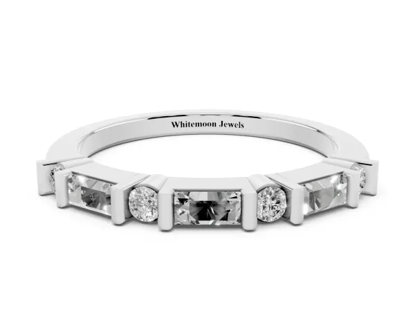 Baguette and Round Diamond Channel Set Half Eternity Band with Bar Prong Setting White gold
