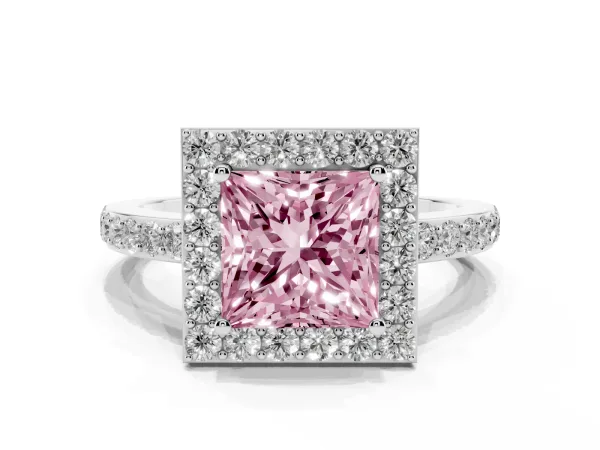 Fancy Pink Princess Cut Halo Diamond Pavé Band Ring with Prong Setting Platinum