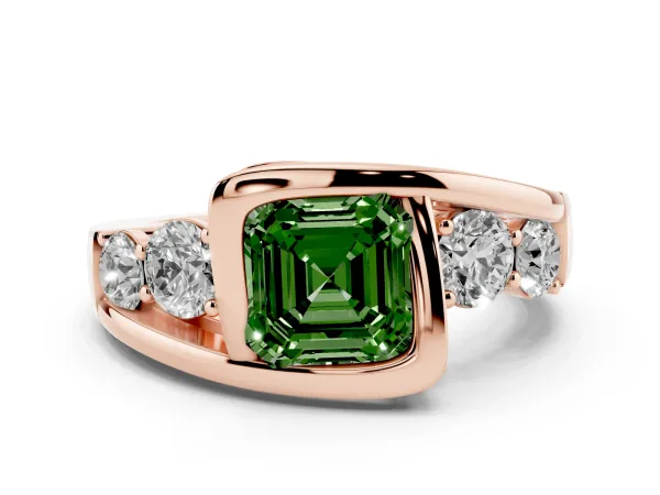 Fancy Green Bezel Set Asscher Cut Diamond Bypass Ring with Round Accents Rose gold